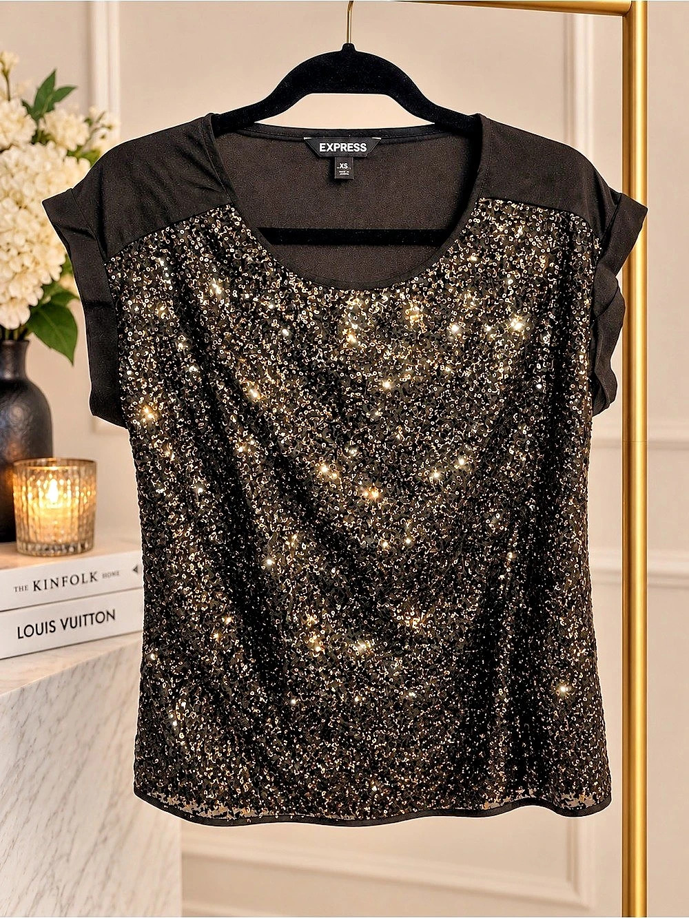 Express Sequin Short Sleeve Top Black & Gold XS L